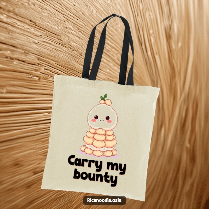 Funny tote bag featuring a grinning rice ball character skillfully balancing a tall stack of dumplings, ready for any adventure.