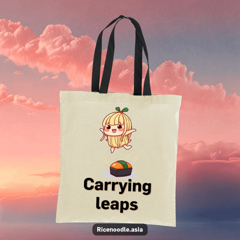 Funny Tote Bag: A noodle character attempting a silly jump over a small sushi, perfect for carrying with humor.