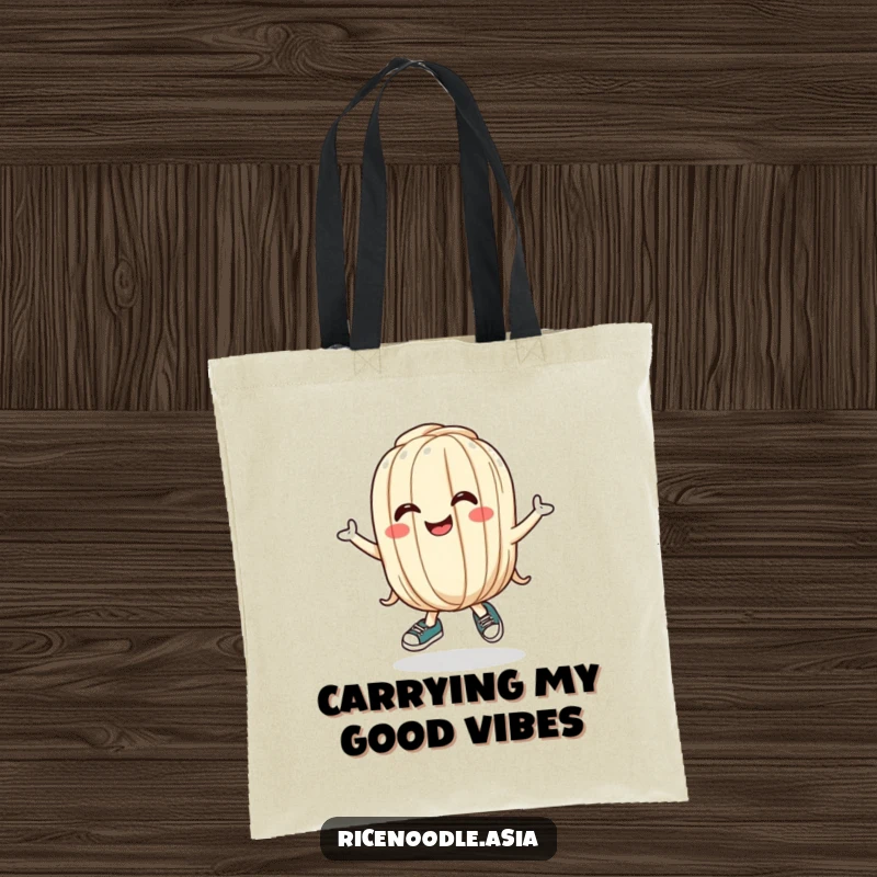 Funny Udon Noodle Tote Bag depicting a bouncing cartoon noodle wearing tiny shoes and a silly grin, practical and humorous.
