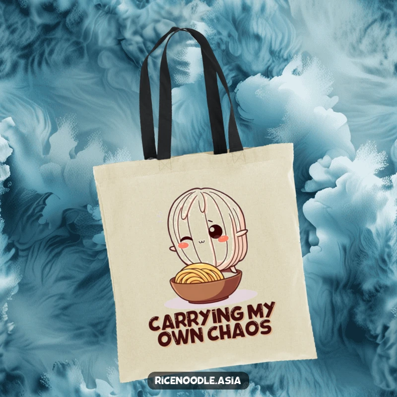 Funny Tote Bag: A wiggling rice noodle character comically tripping over a smaller noodle, perfect for everyday humor.