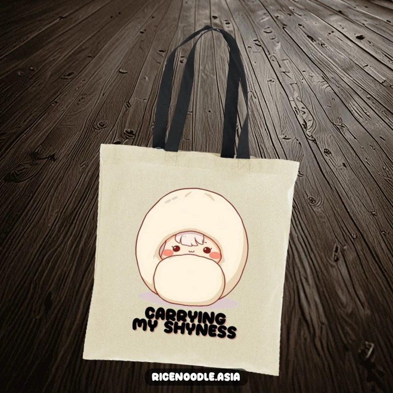 Funny tote bag depicting a shy rice noodle peeking out from behind a large, cheerful dumpling.