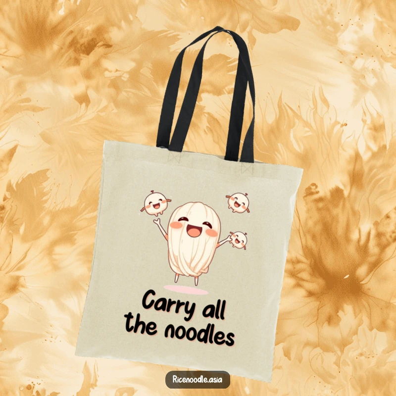Funny tote bag depicting a happy rice noodle juggling three smiling, smaller noodle characters.