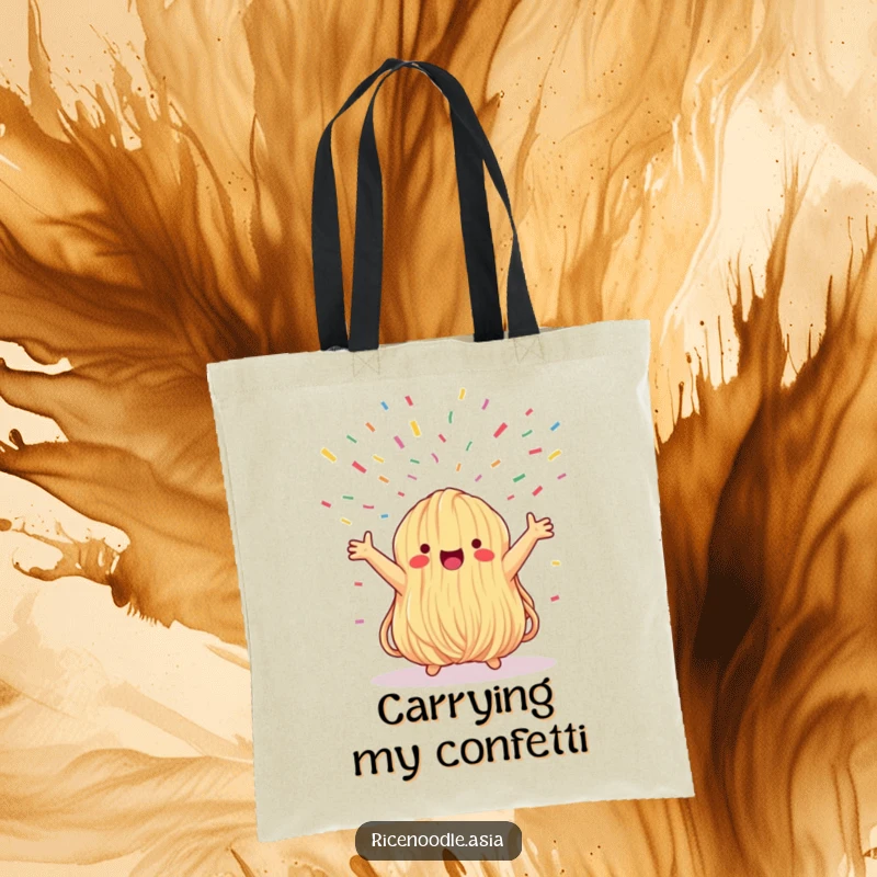 Funny tote bag featuring a whimsical noodle bundle with arms outstretched, looking up at a delightful confetti shower, perfect for everyday use.