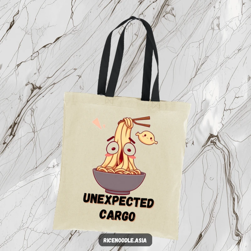 Funny Tote Bag: A noodle character with wide eyes, startled by a flying dumpling, perfect for carrying humorously.
