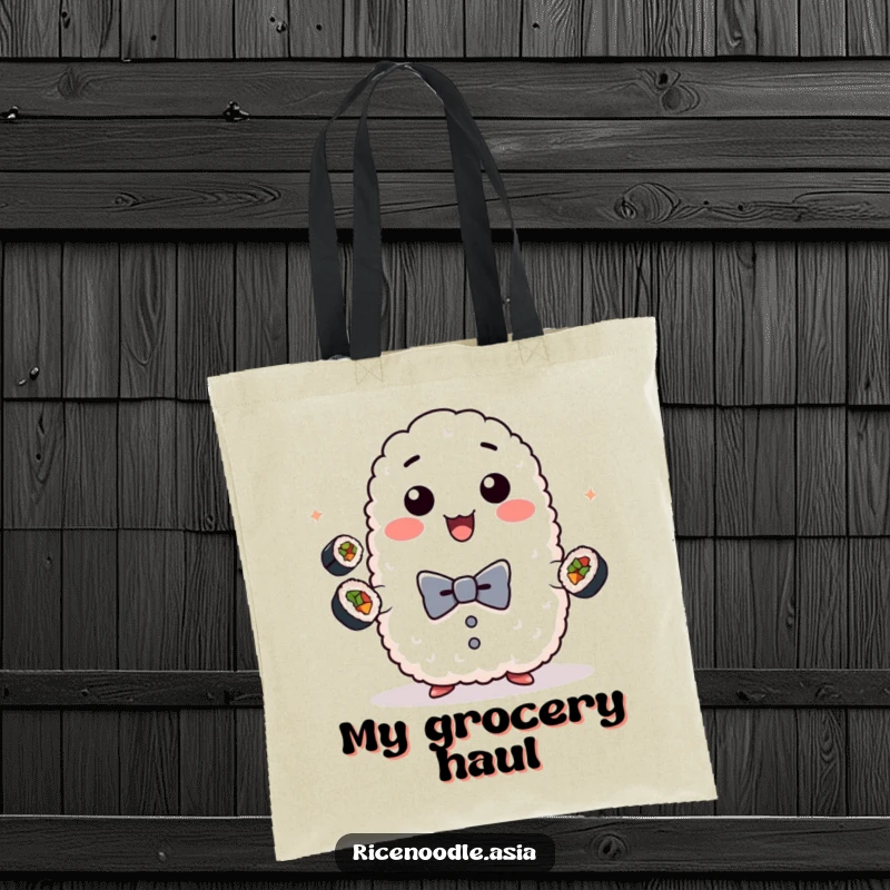 Funny rice ball tote bag, illustration of a sticky rice lump in a bow tie juggling mini sushi rolls, a cute accessory.