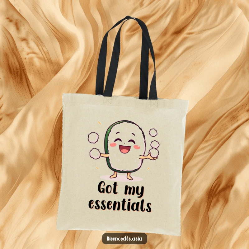 Funny Tote Bag: A grinning sushi roll character enthusiastically juggling small rice balls, a cheerful everyday bag.