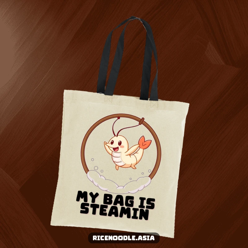 Funny Tempura Shrimp Tote Bag featuring a cheerful tempura shrimp leaping through steam, practical and full of playful energy.