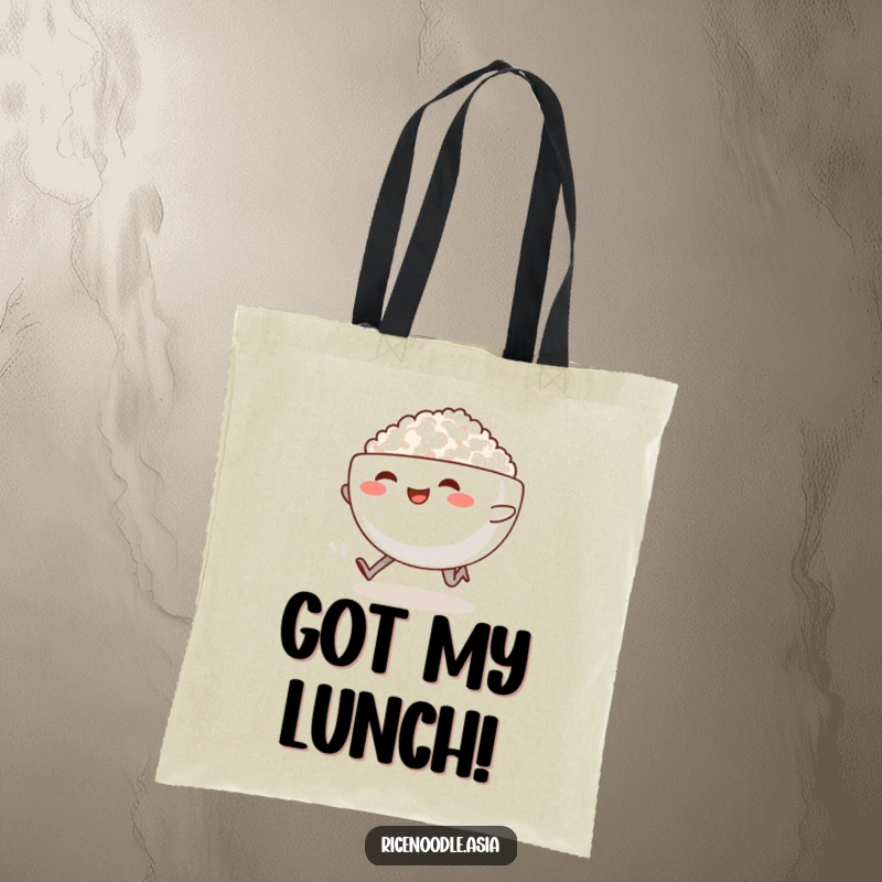 Funny Sprinting Rice Bowl Tote Bag: A smiling rice bowl with legs sprints, leaving steam, a funny and practical tote.
