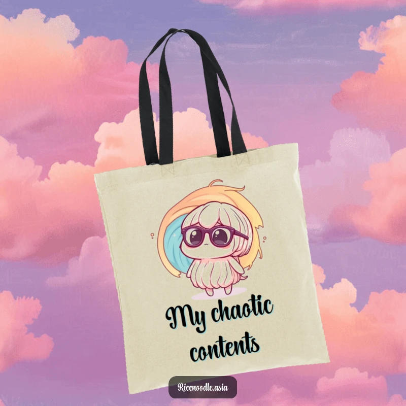 Funny Tote Bag: A rice noodle character in big glasses looks confused at a swirling vortex, a humorous and practical accessory.
