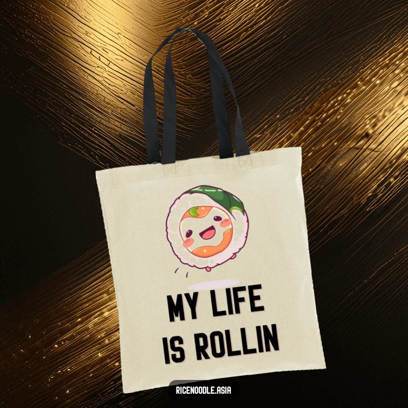 Funny Sushi Roll Tote Bag featuring a wiggling sushi roll doing a cartwheel, practical and full of playful energy.