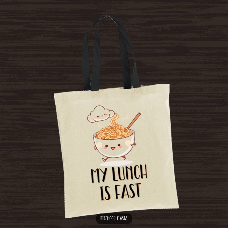 Funny noodle bowl tote bag, illustration of a steaming rice noodle bowl with tiny legs jogging with a smiling cloud.