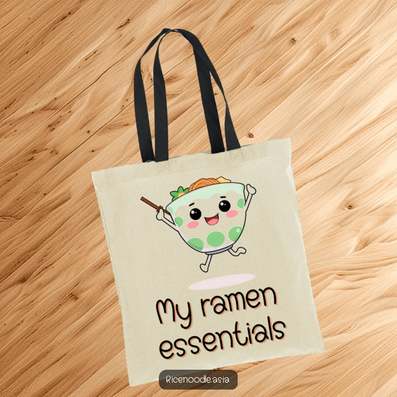 Funny tote bag featuring a happy ramen bowl character joyfully skipping along, chopsticks for arms, ready for any outing.